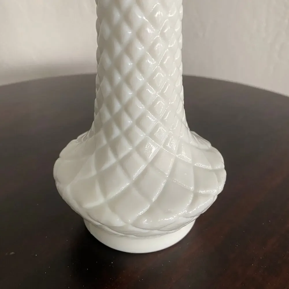 Milk glass bud vase Randall vintage quilted diamond flared 9”